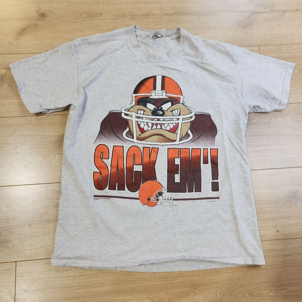 Vintage Cleveland Browns Shirt Mens Large Gray Taz Looney Toons Sack Em 90s